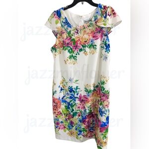 white and spring‎ florals flutter sleeve tea garden sheath dress size 16 new